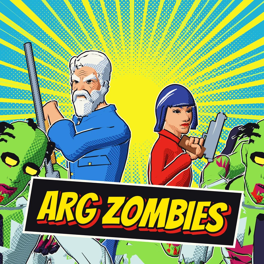 ARG Zombies: two survivors, a bearded old-timer with a rifle and a young woman with a pistol, back to back as green zombies close in.