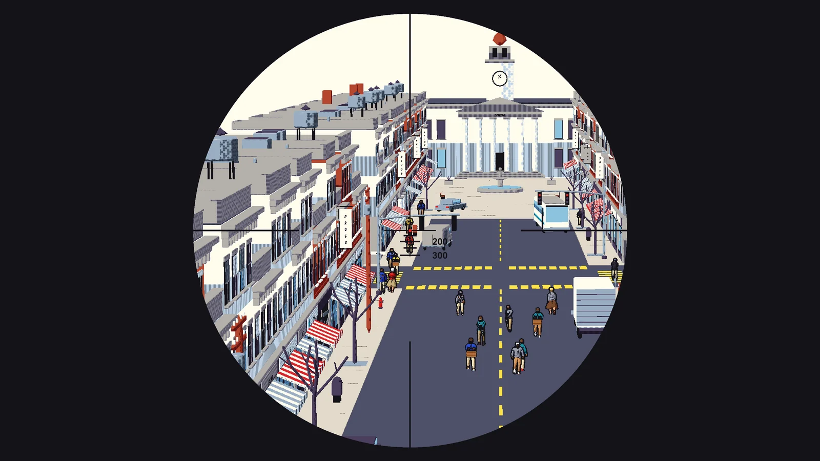 Overwatch: a sniper scope's circle over Main Street, range ticks under the crosshair, people in the road below.
